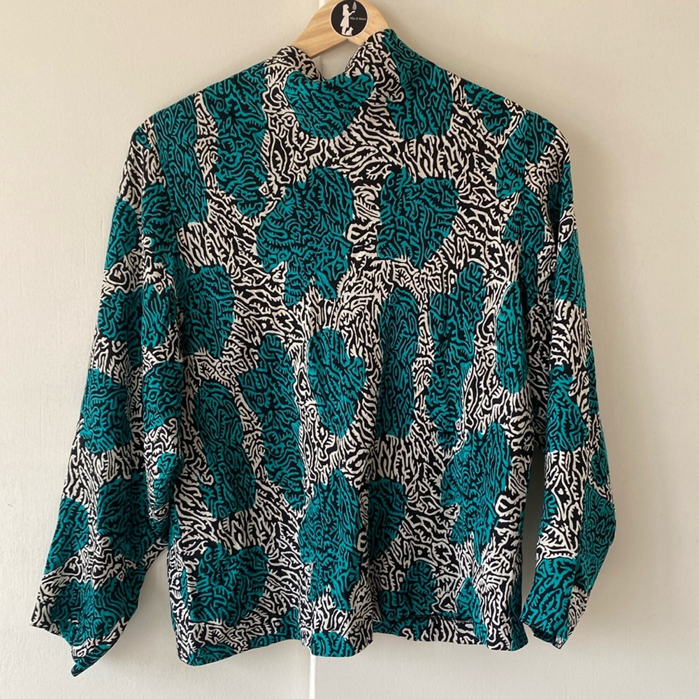 Vintage Teal and Black Abstract Blouse